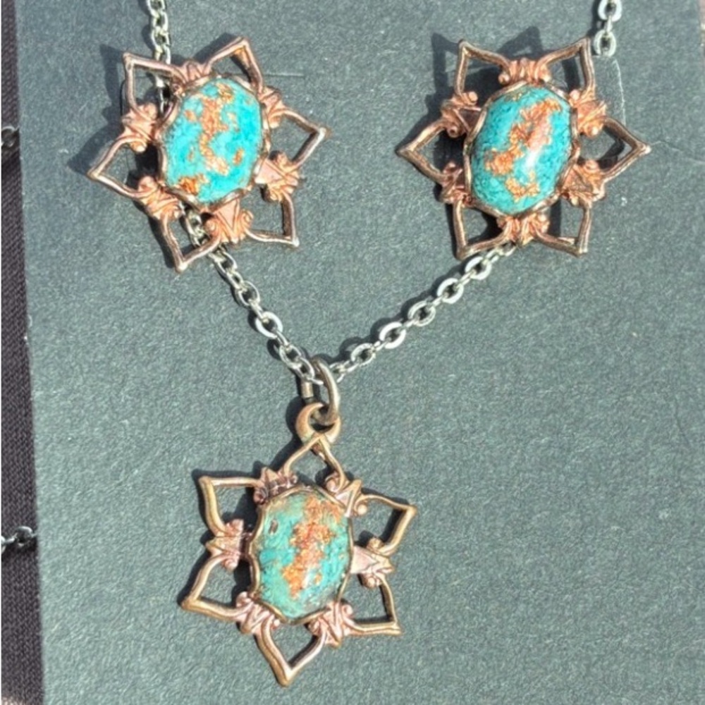 Star of David Turquoise Stone Floral Pendant Necklace Set - Copper